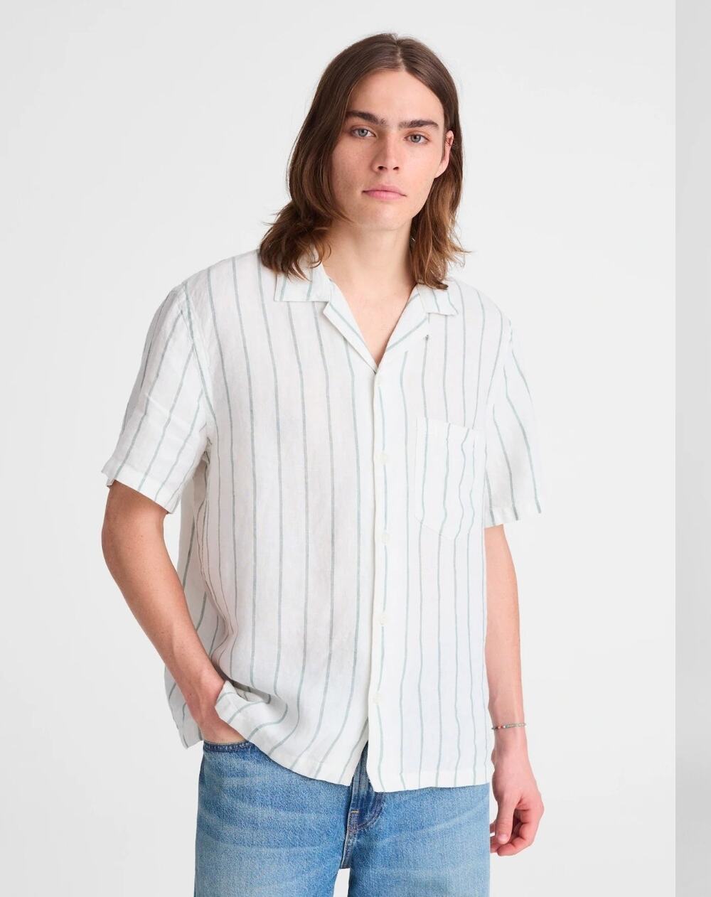 NWT Madewell Short-Sleeve Camp Shirt in Linen white with green stripes.